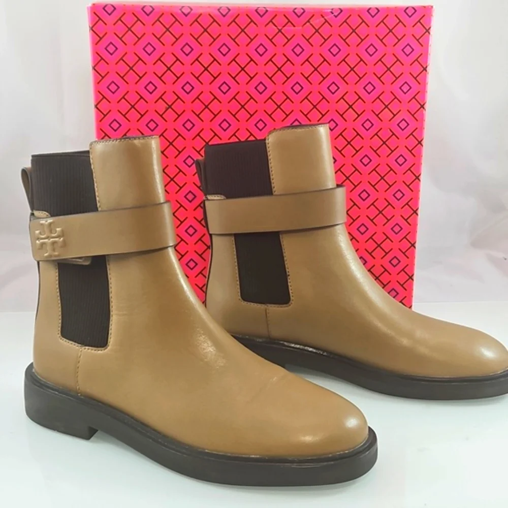 Tory Burch Embossed Leather Double T Chelsea Ankle Boots Size 7.5